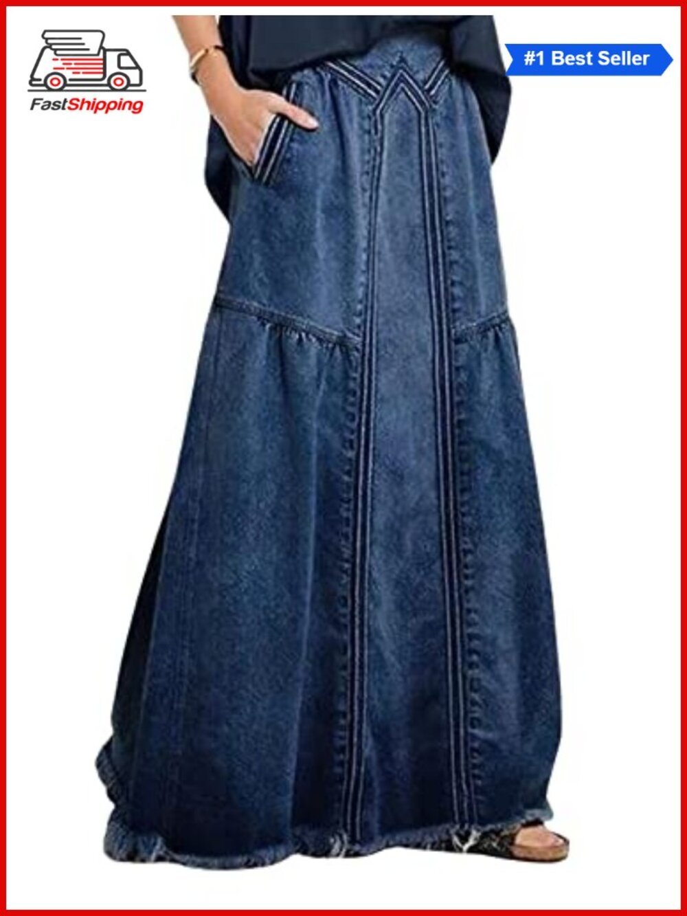 ✨CHARTOU Retro High Waist Frayed A-Line Maxi Denim Skirt with Pockets